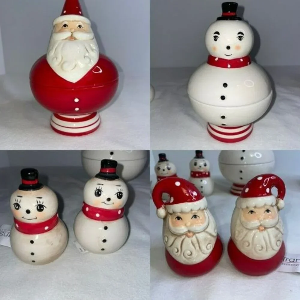 Johanna Parker Santa & Snowman Ceramic Salt & Pepper Shakers & Candy Dishes